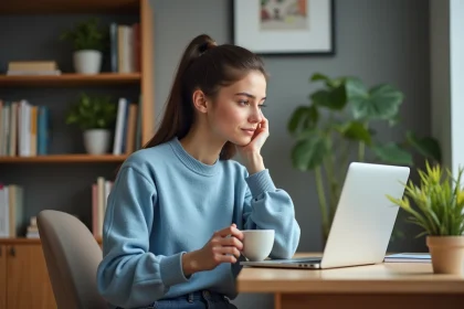 Jeune femme au bureau &agrave; domicile en sweater bleu
