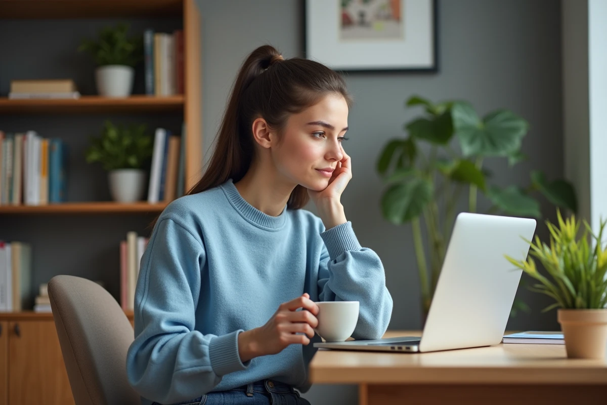 Jeune femme au bureau à domicile en sweater bleu