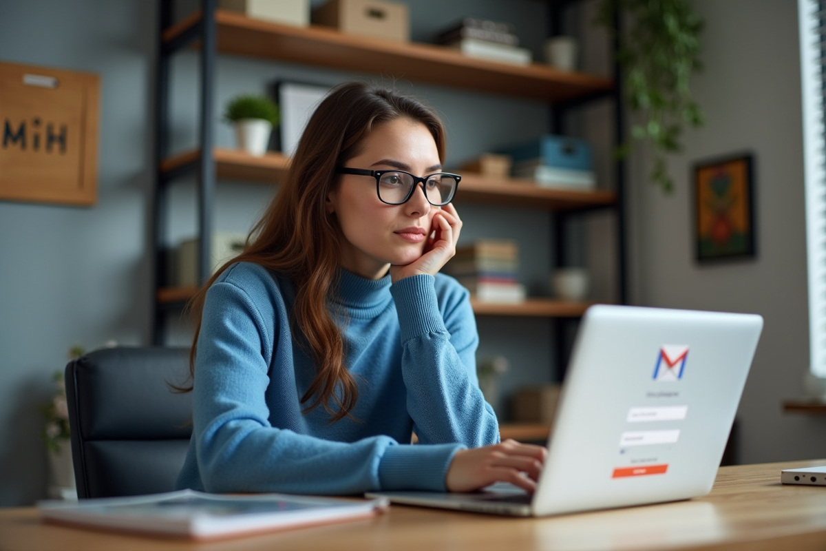 Jeune femme au bureau regardant son ordinateur portable