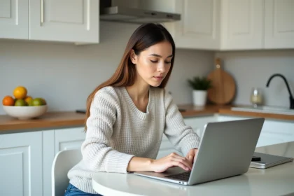 Femme assise &agrave; une table de cuisine moderne travaillant sur son ordinateur