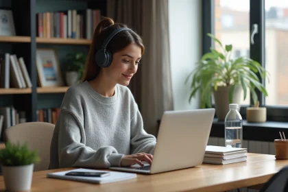 Jeune femme au bureau avec ordinateur portable et ambiance cosy