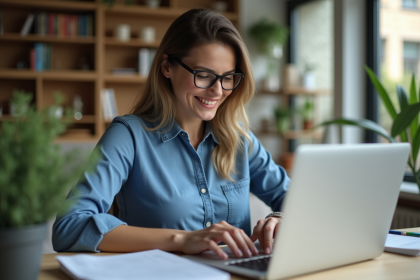 Jeune femme souriante travaillant sur son ordinateur à la maison