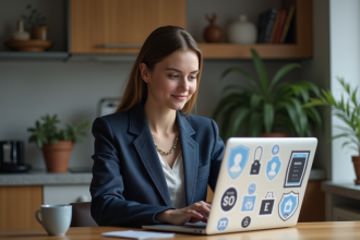 Jeune femme en bureau avec ordinateur securite