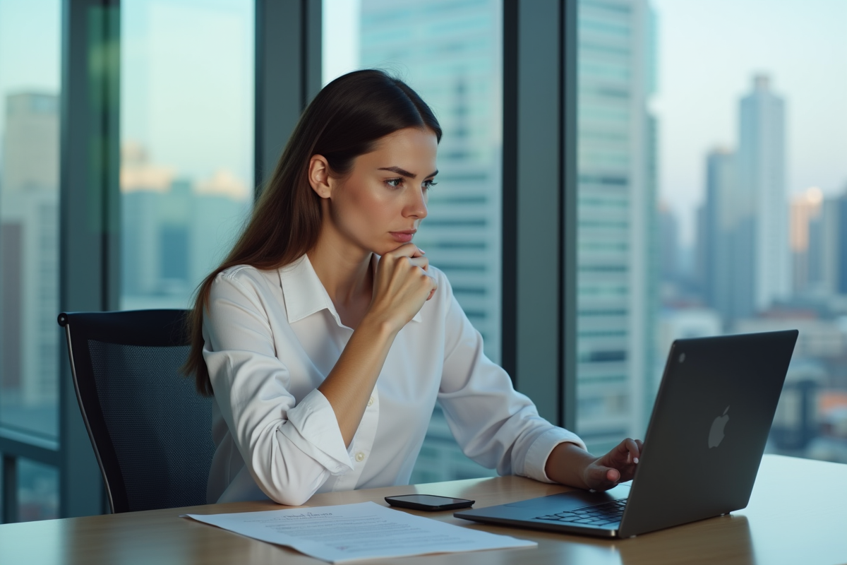 Femme en bureau moderne utilisant un ordinateur et smartphone