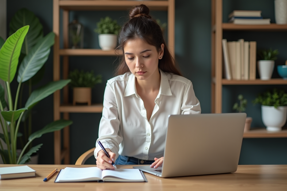 Jeune femme au bureau compare des modèles de sites web