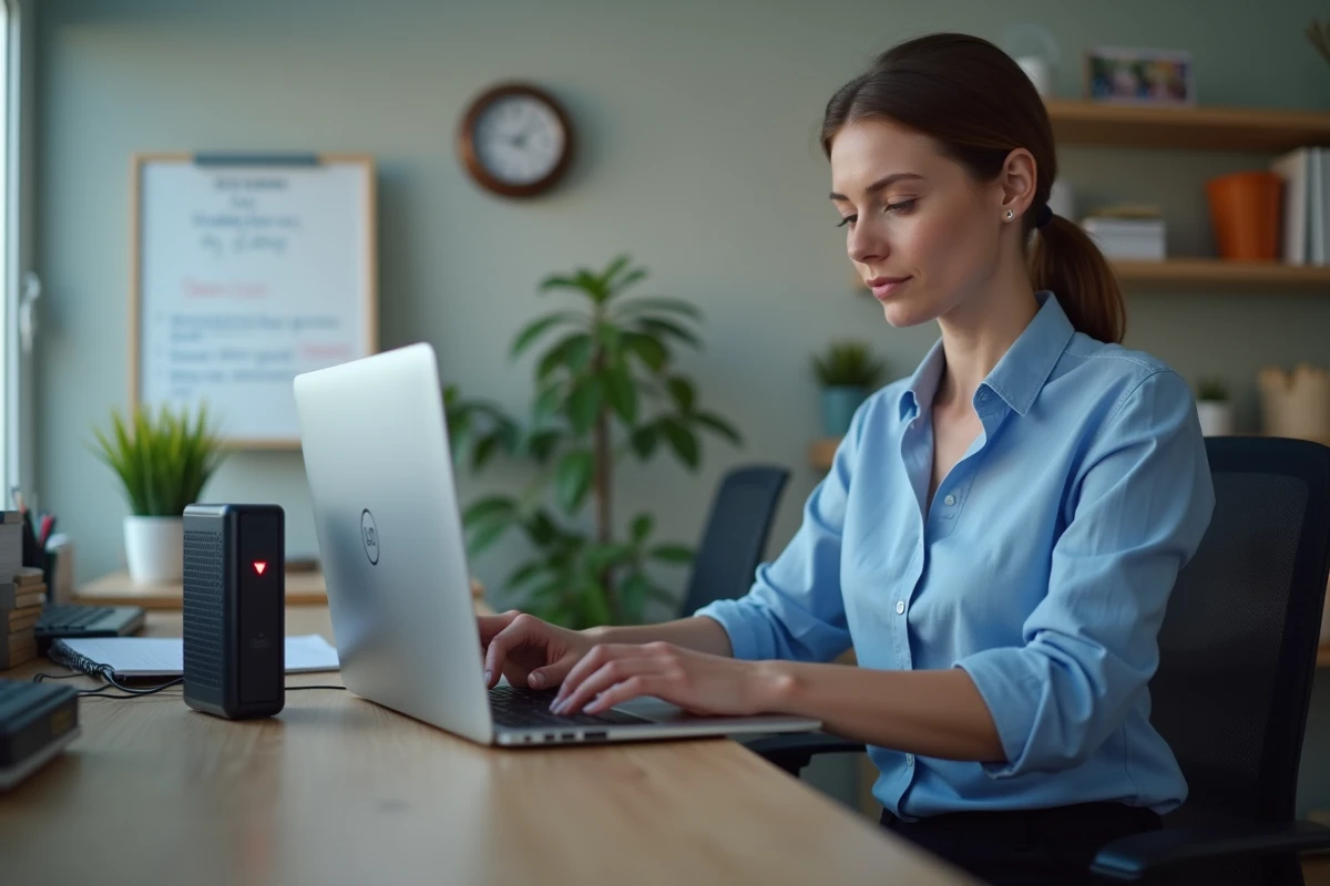 Femme au bureau vérifiant un modem avec erreur d