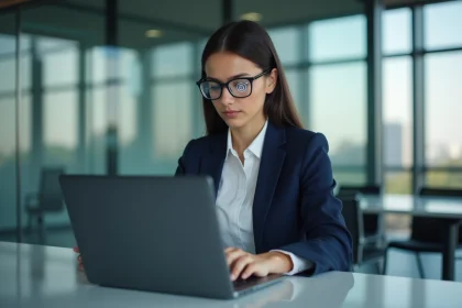 Jeune femme en costume de bureau travaillant sur un ordinateur avec ic&ocirc;nes de cybers&eacute;curit&eacute;