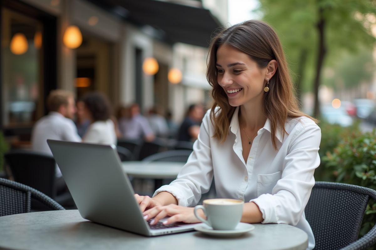 Jeune femme au café regarde son ordinateur portable en souriant