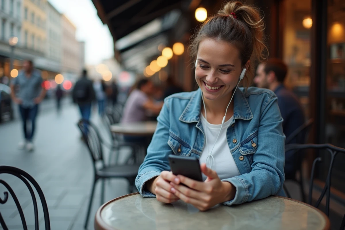 Femme souriante utilisant son smartphone dans un café urbain