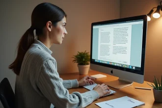 Femme tapant un È majuscule accentué sur un clavier mécanique relié à un iMac affichant un document en français