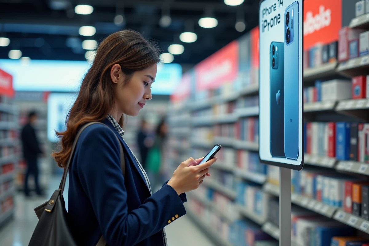 Femme comparant le prix de l'iPhone 14 sur son téléphone face à une affiche promotionnelle dans un magasin d'électronique