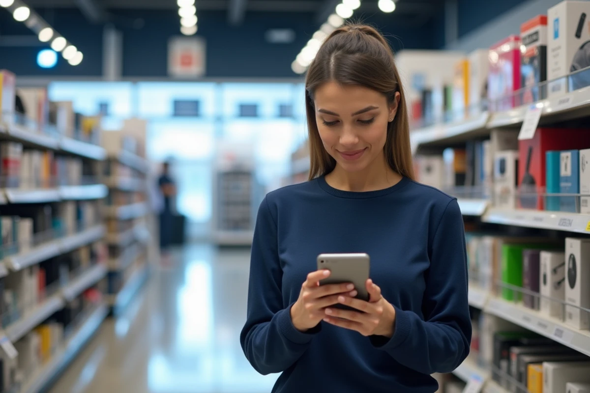 Femme consultant un comparateur de produits numériques sur son téléphone dans un magasin high-tech