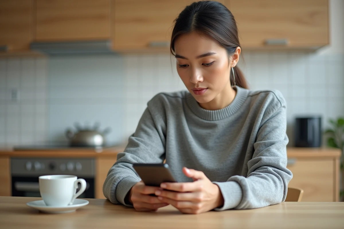 Femme configurant son téléphone Android dans une cuisine moderne, vue en train de naviguer dans les paramètres