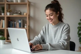 Jeune femme consultant le site iPhone Generation sur un MacBook Pro dans un bureau minimaliste moderne
