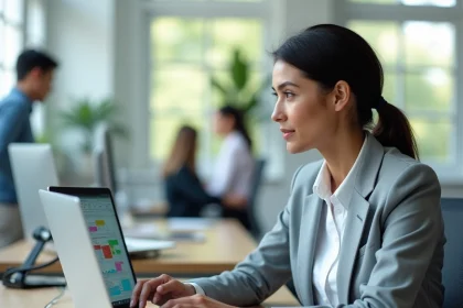 Femme travaillant sur Excel pour inverser colonnes et lignes dans un bureau moderne