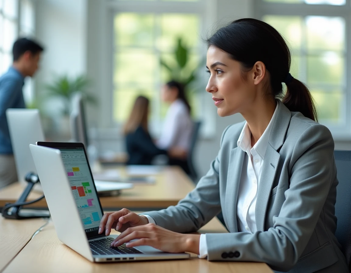 Femme travaillant sur Excel pour inverser colonnes et lignes dans un bureau moderne