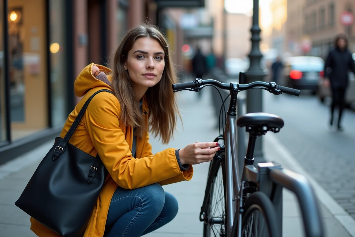 Jeune femme fixant un AirTag Apple sur un vélo dans une rue urbaine pour le localiser avec son iPhone