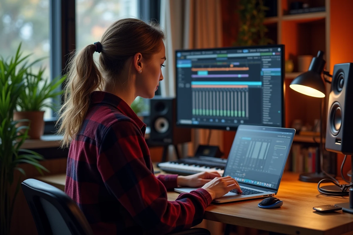 Jeune femme utilisant Virtual StudioLive sur un ordinateur portable dans un home studio pour gérer ses presets PreSonus