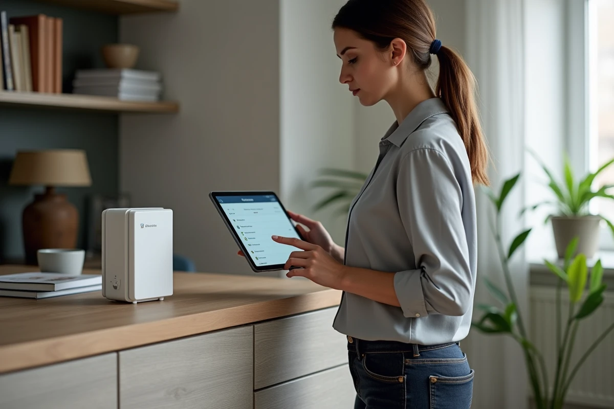 Femme vérifiant la connexion WiFi avec une tablette dans un bureau moderne
