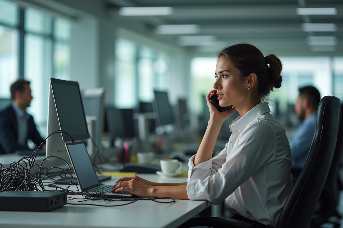 Jeune femme au bureau parlant au téléphone avec câbles en désordre