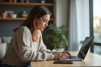 Femme en sweater utilisant son ordinateur dans un appartement