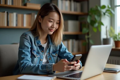 Jeune femme en denim regardant une vid&eacute;o sous-titree
