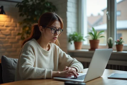 Jeune femme concentr&eacute;e devant son ordinateur &agrave; la maison