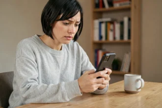 Femme utilisant le presse-papier Android sur son smartphone dans un bureau à domicile minimaliste