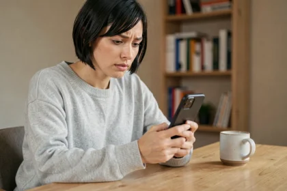 Femme utilisant le presse-papier Android sur son smartphone dans un bureau à domicile minimaliste