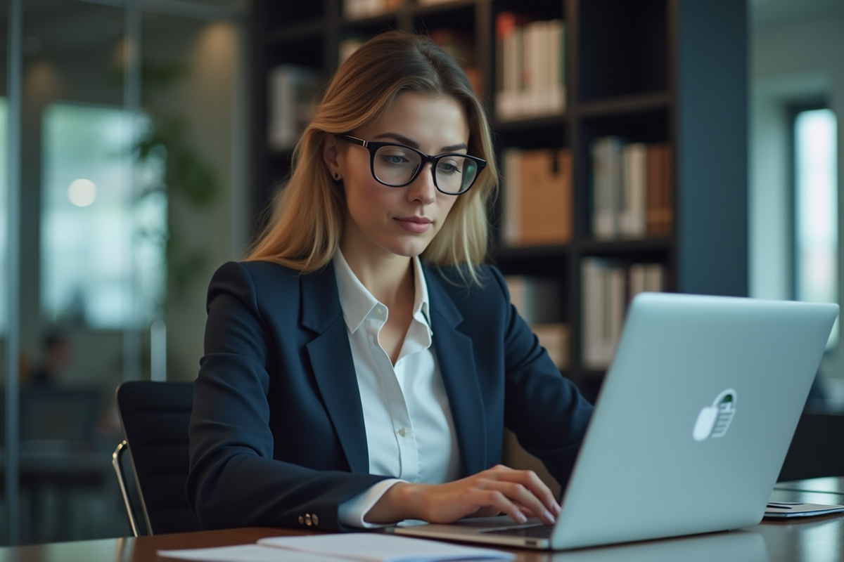 Femme professionnelle concentrée sur un PDF sécurisé
