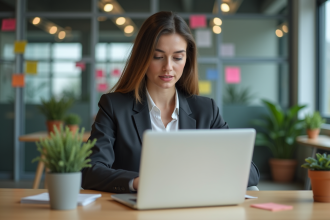 Jeune femme professionnelle utilisant une plateforme lowcode