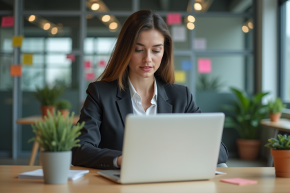 Jeune femme professionnelle utilisant une plateforme lowcode