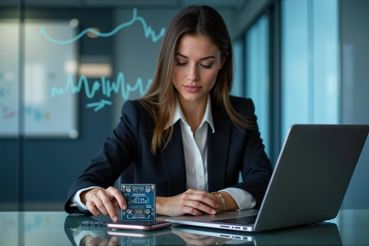 Femme d'affaires examinant un prototype de quantum ordinateur