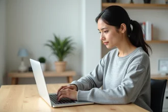 Femme tapant un raccourci clavier sur un ordinateur portable pour saisir la lettre È majuscule accent grave