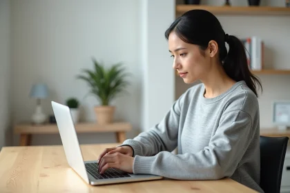 Femme tapant un raccourci clavier sur un ordinateur portable pour saisir la lettre È majuscule accent grave