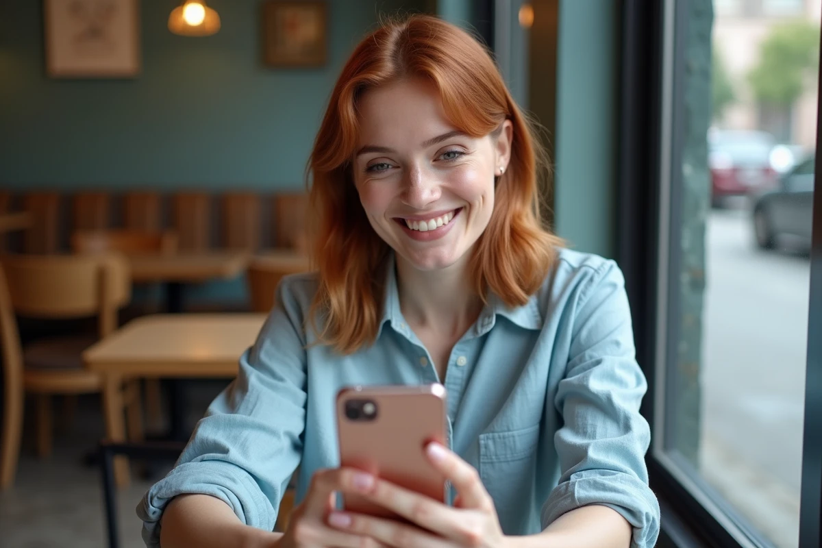Femme en café montrant une rayure sur la coque d'un iPhone 15 posé sur une table en bois