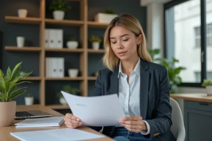 Femme en blazer examinant des CV dans un bureau moderne