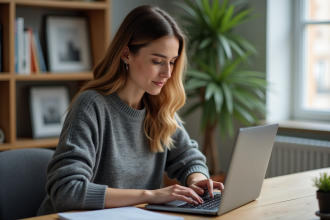 Femme ajustant la sécurité sur son ordinateur portable à la maison