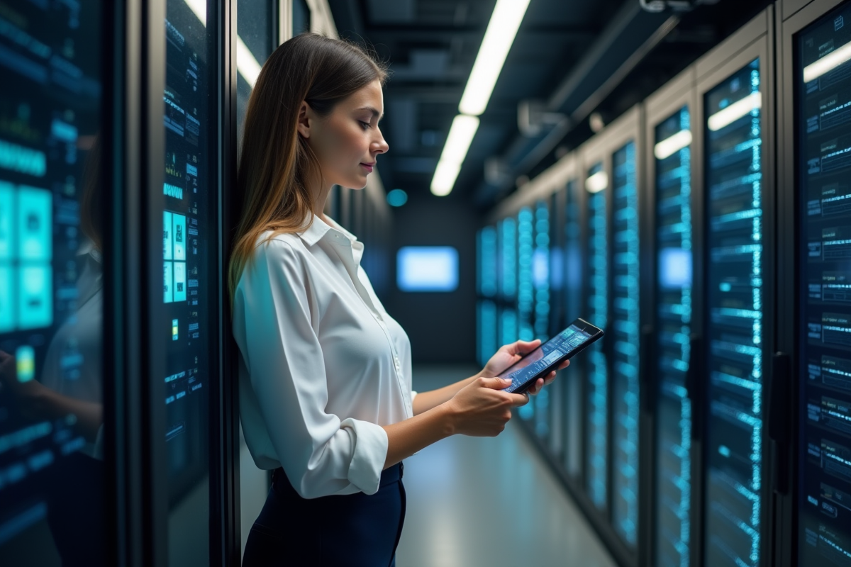 Femme vérifiant une machine virtuelle dans une salle serveurs