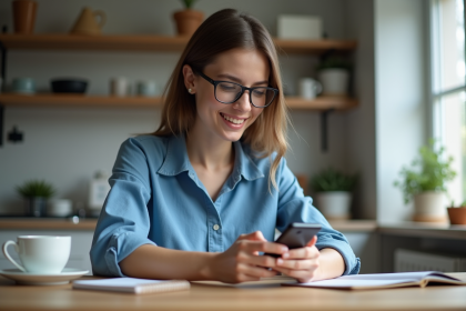Jeune femme souriante utilisant son smartphone dans la cuisine