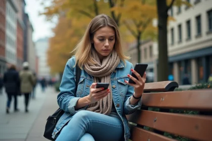Femme assise dans un parc urbain utilisant une application de localisation