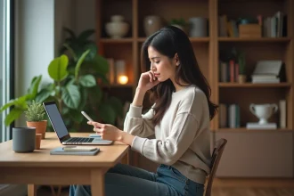 Femme regardant son smartphone dans un salon cosy