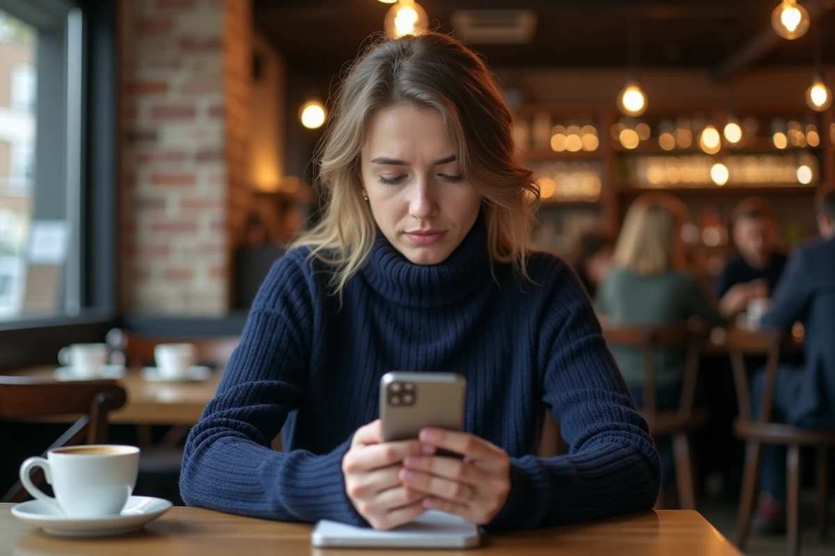 Femme utilisant son smartphone dans un café pour tenter d'accéder à un site web bloqué ou introuvable