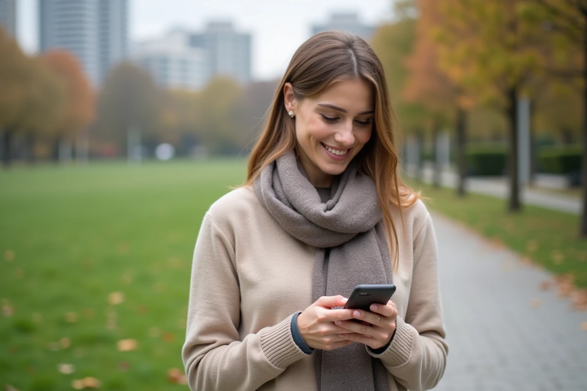Femme souriante tenant deux smartphones dans un parc urbain