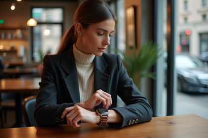 Femme élégante ajustant sa smartwatch dans un café moderne