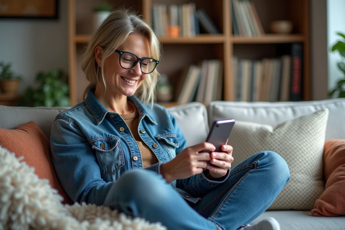 Femme souriante vérifiant son téléchargement MP3 sur son téléphone