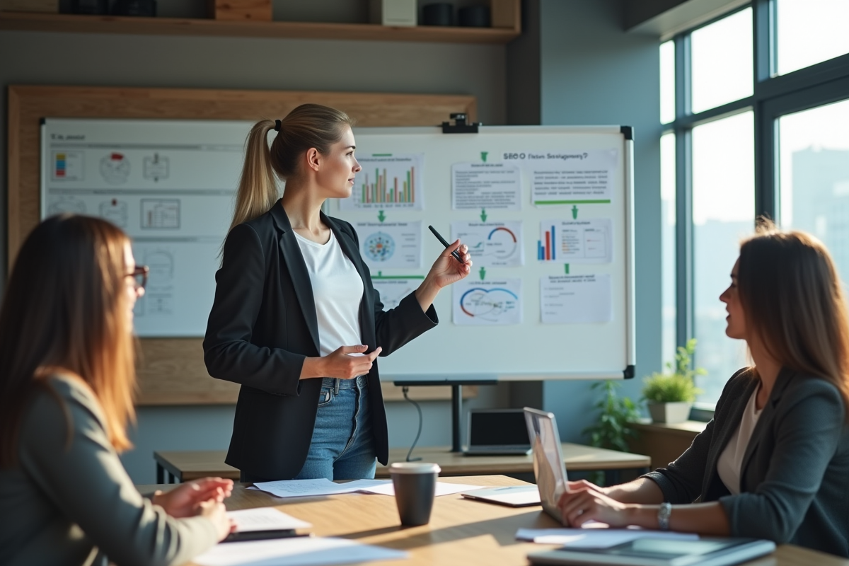 Femme analysant un diagramme de structure SEO en réunion