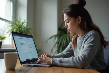Femme devant un ordinateur portable affichant une page de suppression de compte Microsoft, dans un bureau à domicile moderne