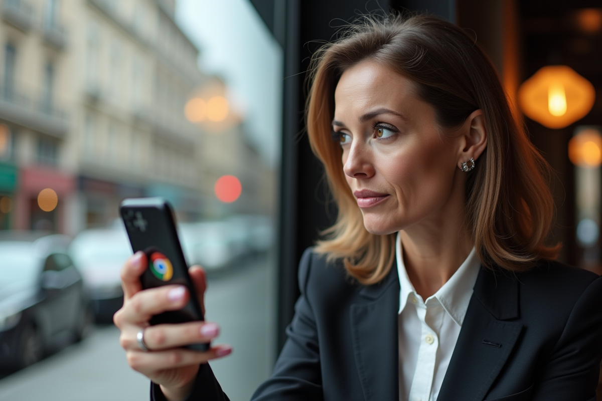 Femme surprise tenant un smartphone avec logo Google Plus