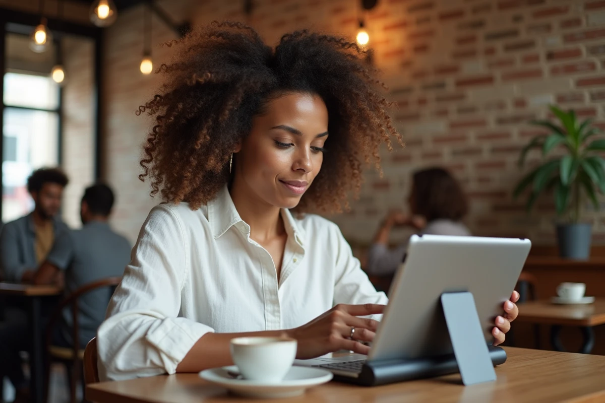 Femme consultant un navigateur web sur tablette dans un café urbain pour accéder à des contenus en ligne